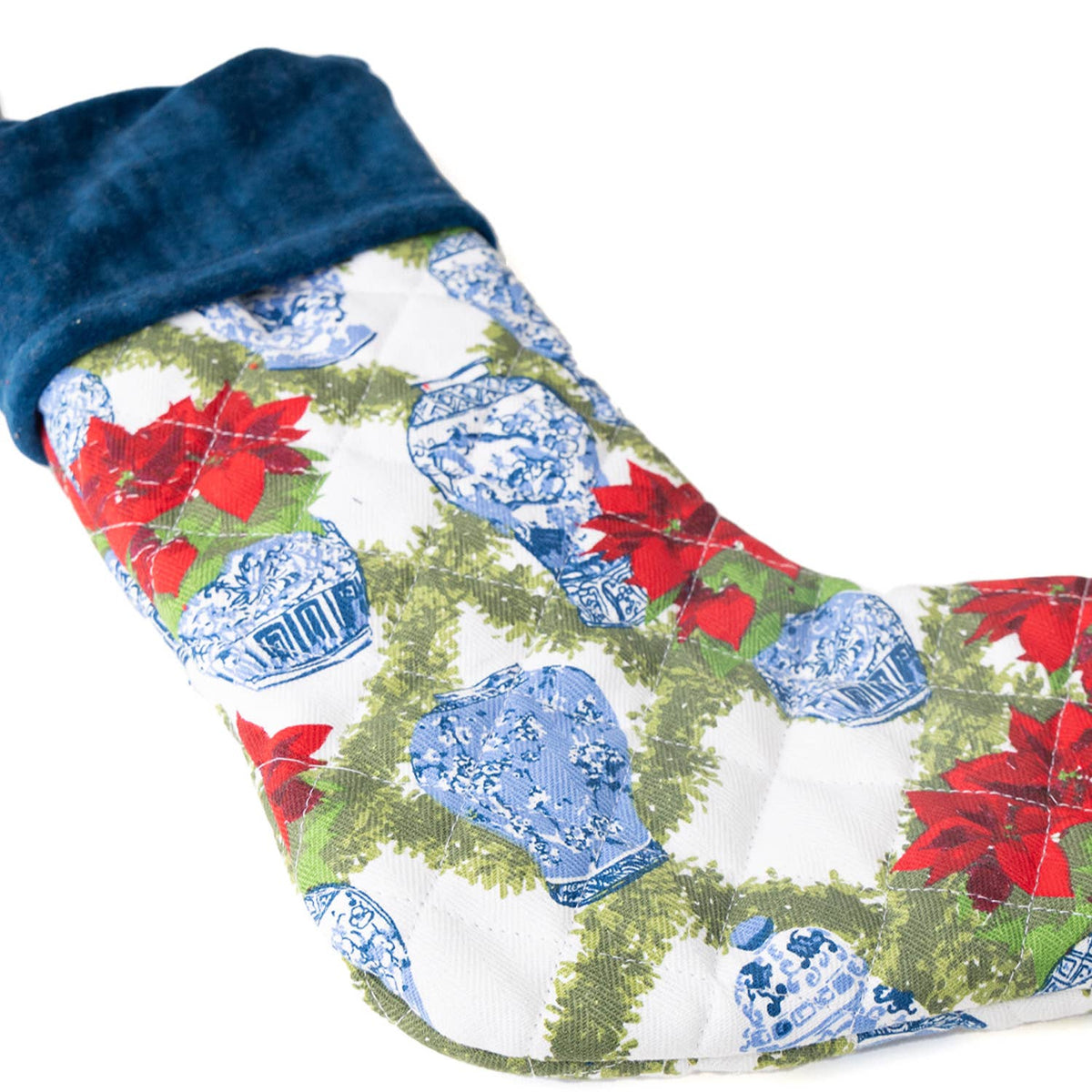 Poinsettia Garland Quilted Velvet-Cuff Stocking