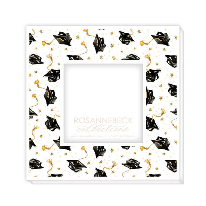 Graduation Caps and Stars Gold and Black Frame 4x4-White