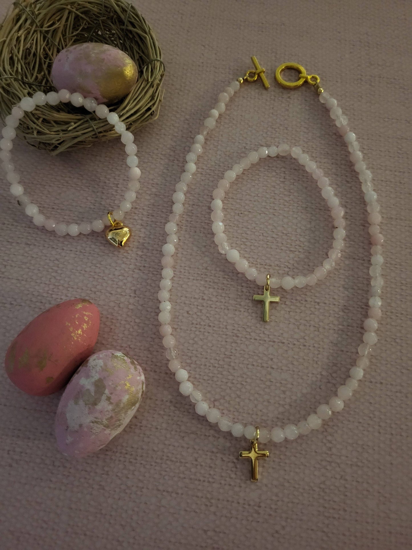 Baby Bird Pink Agate, Cross Bracelet