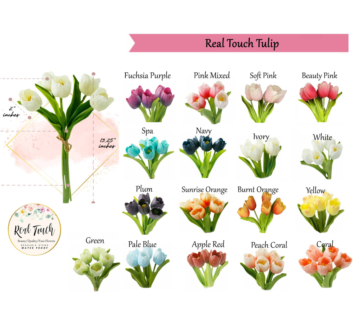 Pack of 5-stems Real Touch medium open tulip