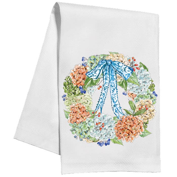 Handpainted Hydrangea Wreath with Blue Bow Kitchen Towel