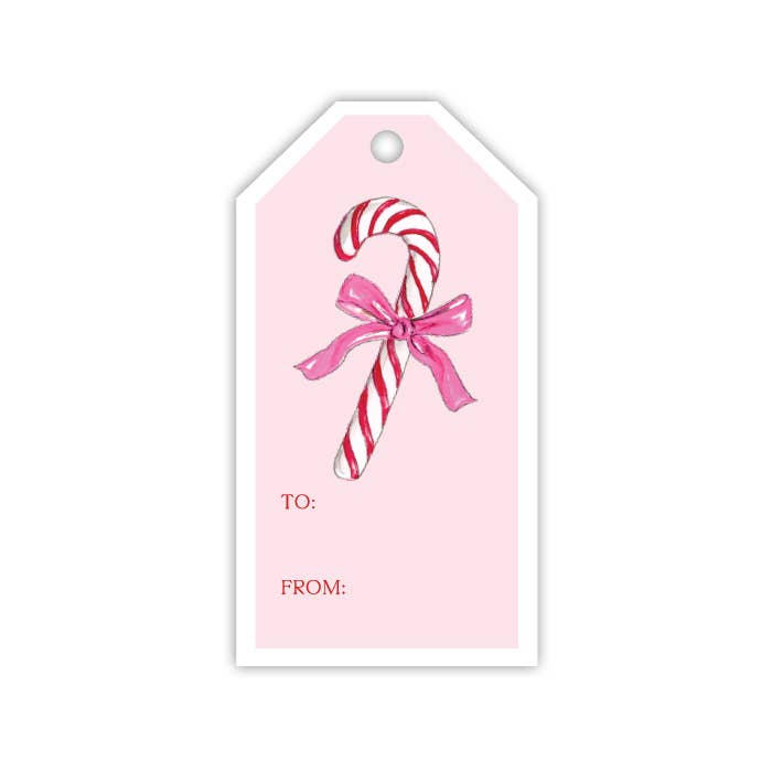 Handpainted Candy Cane with Pink Bow Gift Tag