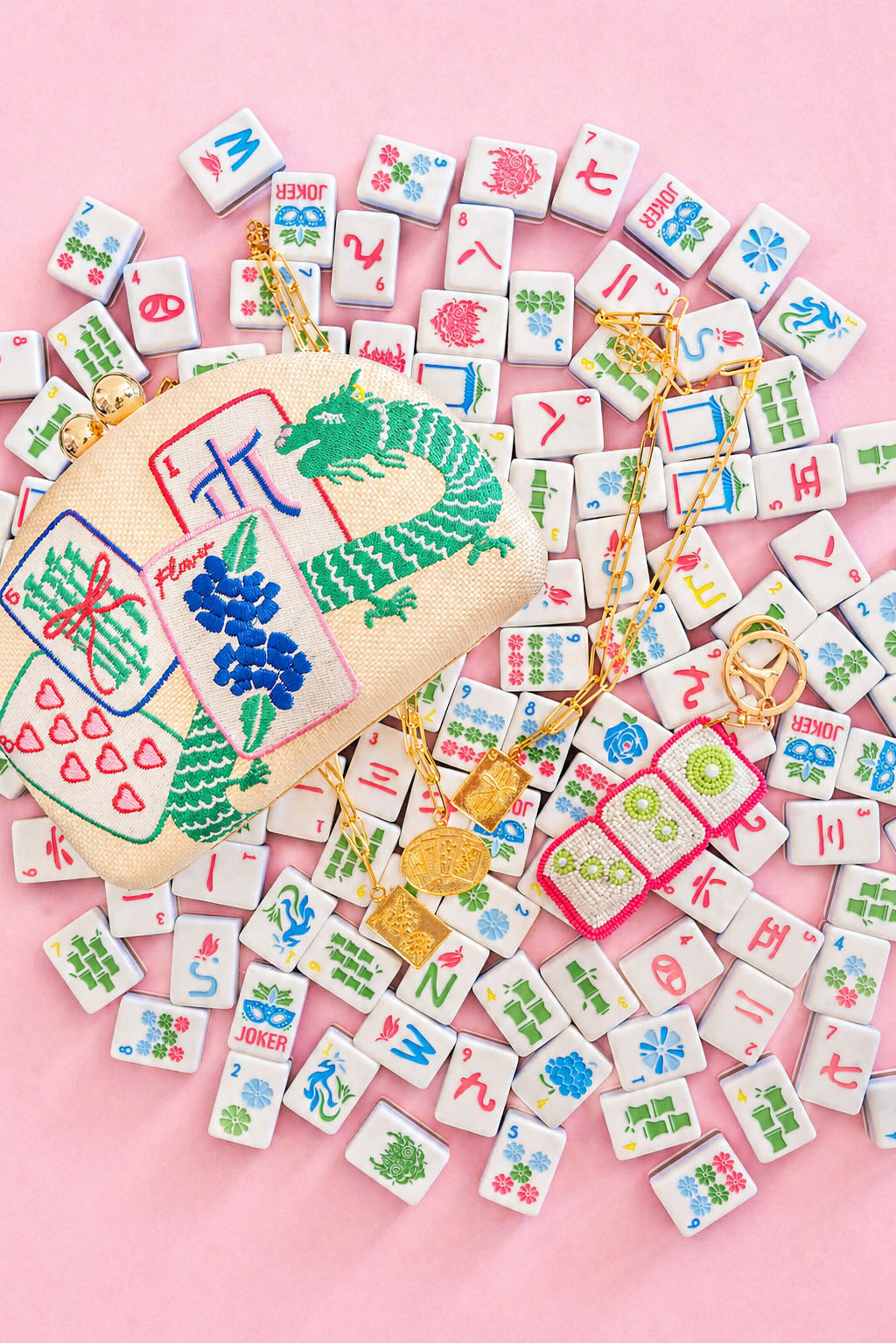 Mahjong Charm Tile Necklace Paper Clip chain - 18k Gold Plated