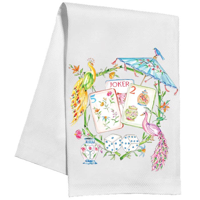 Mahjong Tiles, Colorful Peacocks & Umbrella Kitchen Towel