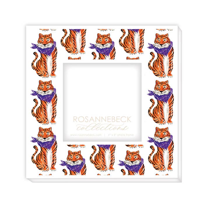 White Handpainted Tiger with Purple Bandana 4x4 Frame
