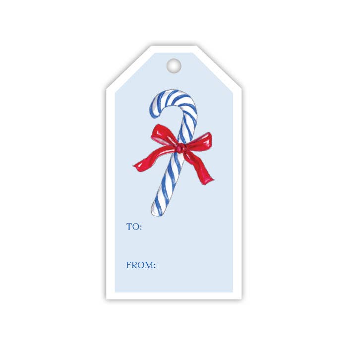 Blue Handpainted Candy Cane with Red Bow Gift Tag