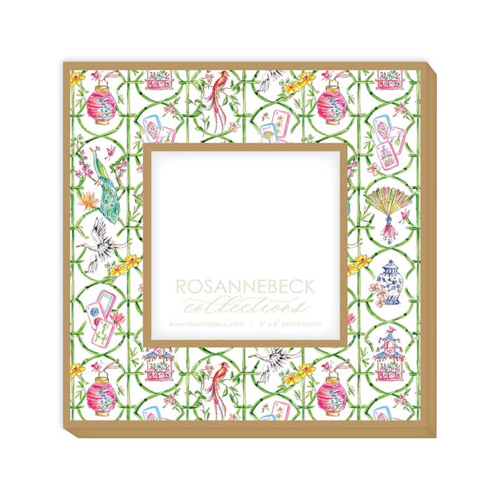Handpainted Mahjong Icons In Bamboo Trellis Frame 4x4 Gold