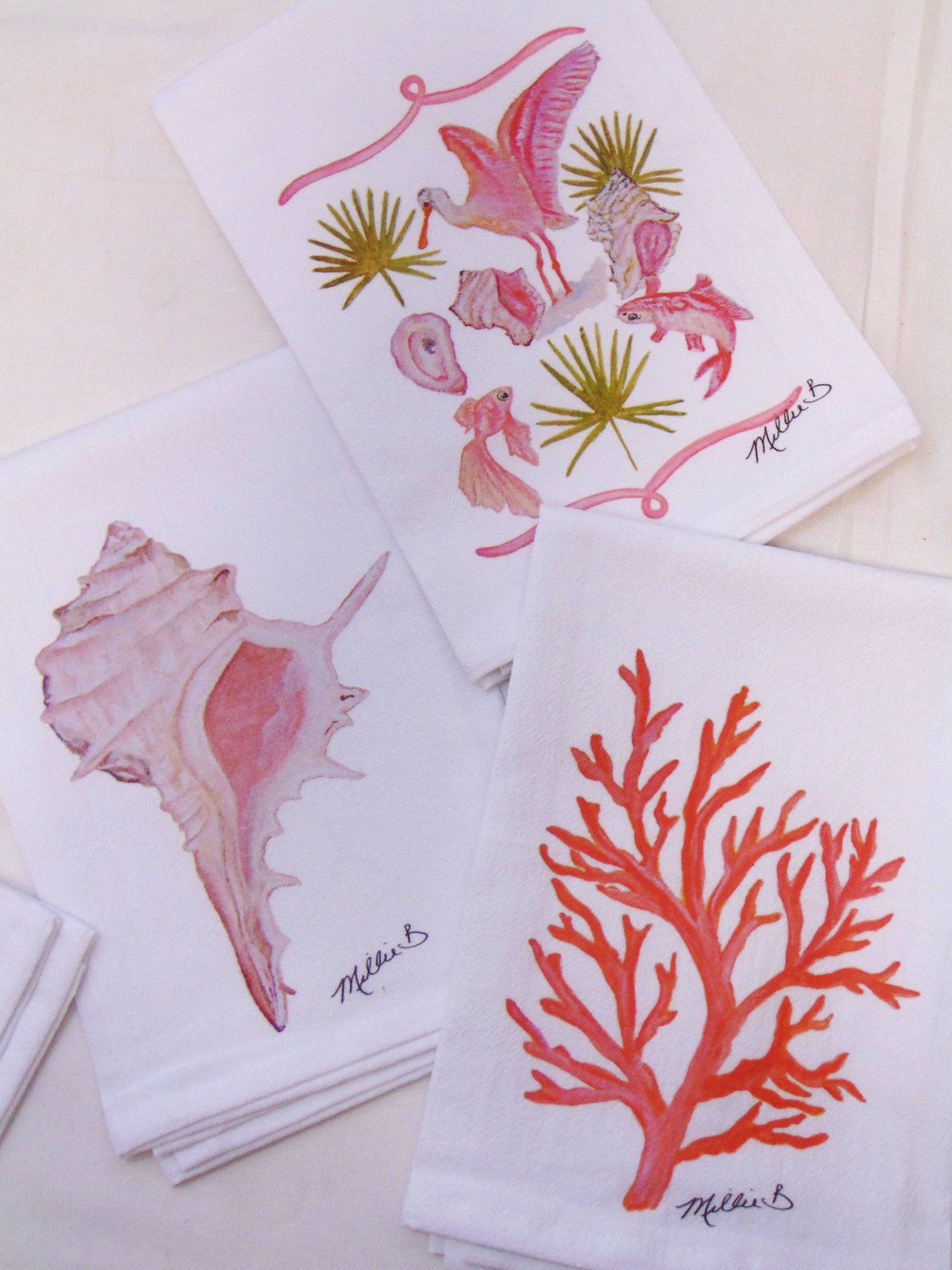 Coral Coastal Life White Flour Sack Towel
