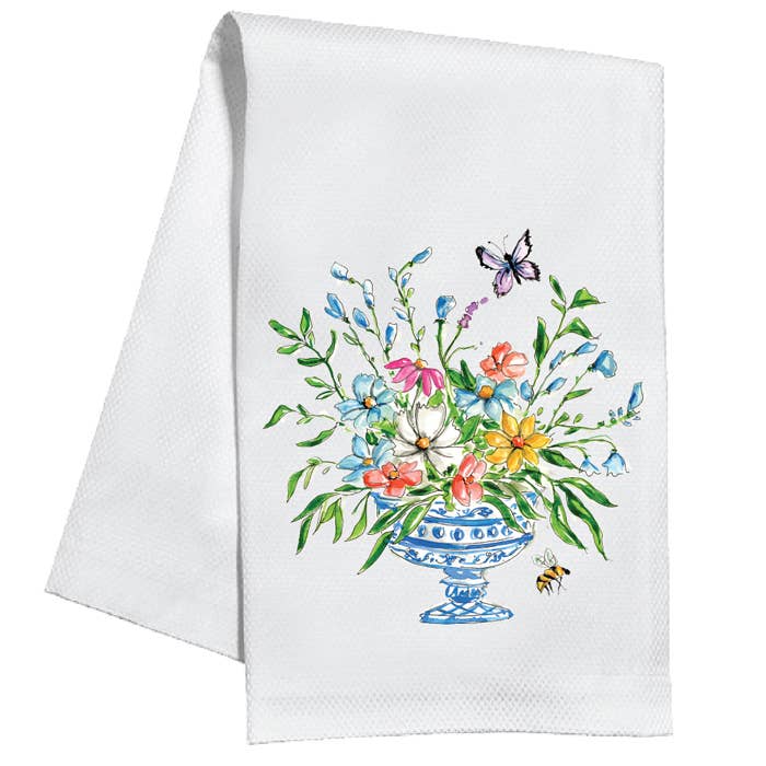Handpainted Floral Arrangement Blue Kitchen Towel
