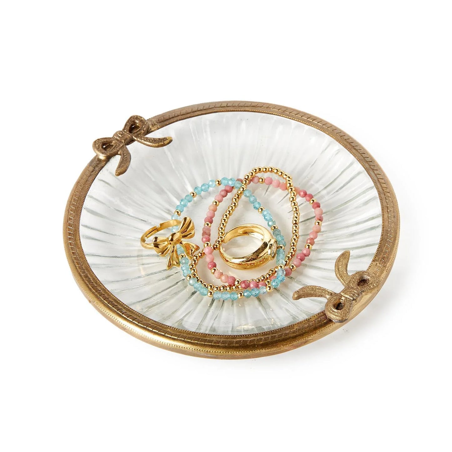 Antique Gold Finish Round Glass Trinket Tray with Bow Accent