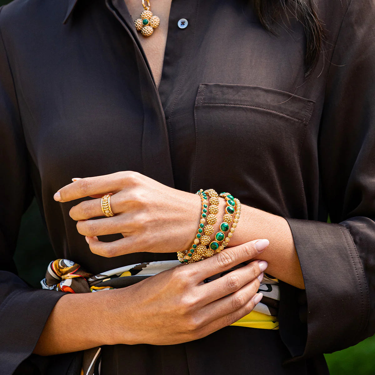 Berry Gem Petite Hinged Bangle - Malachite