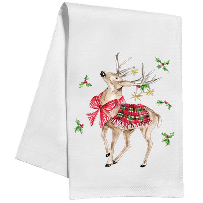 Reindeer with Red Bow & Holly with Berries Kitchen Towel