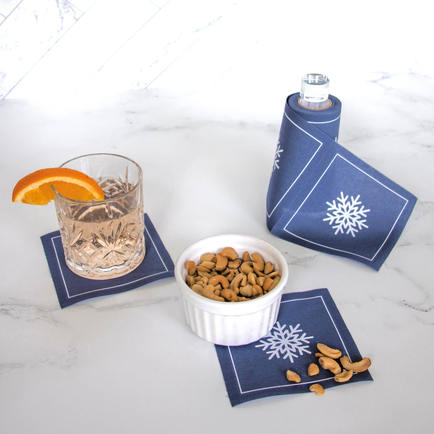 Cotton Cocktail Napkin Roll: Let It Snow (Blue w/ Snowflake)