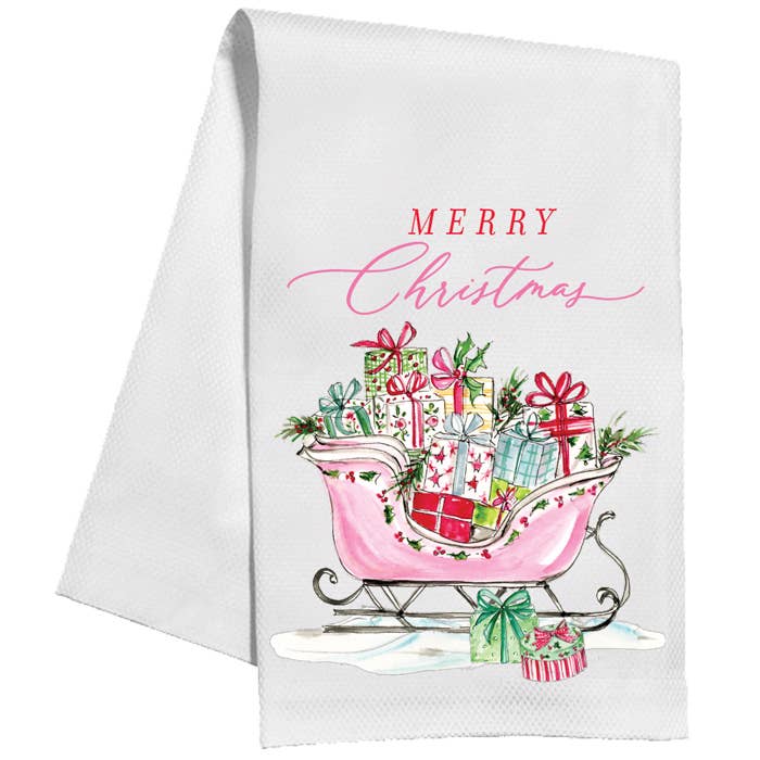 Merry Christmas Pink Sleigh Full Of Presents Kitchen Towel