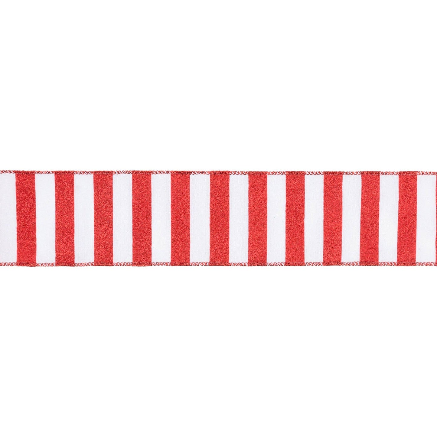 Red Glittered Stripes on White Wired Ribbon, 10 Yard Roll
