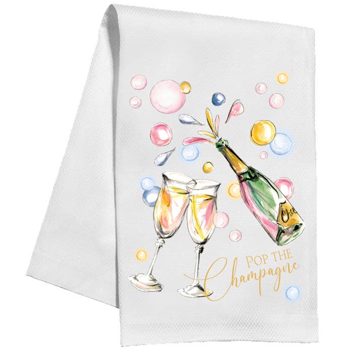 Pop The Champagne Bottle with Pastel Bubbles Kitchen Towel