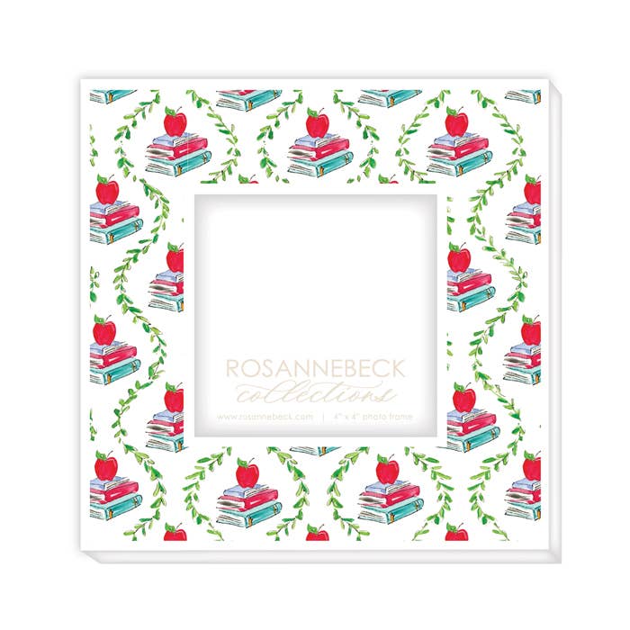 Teacher Book Stack and Apple Trellis Frame 4x4-White