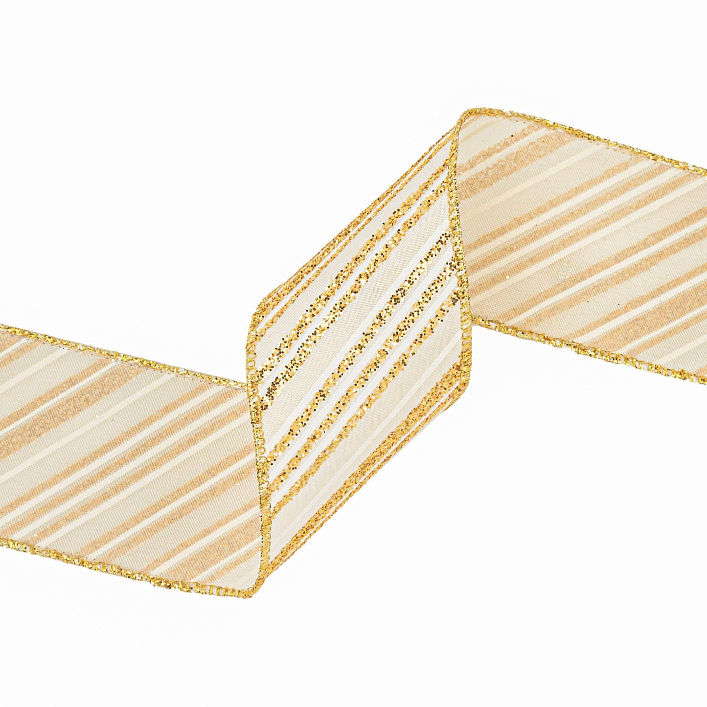 2 1/2" Wired Ribbon | "Glitter Striped" Antique White/Gold | 10 Yard Roll