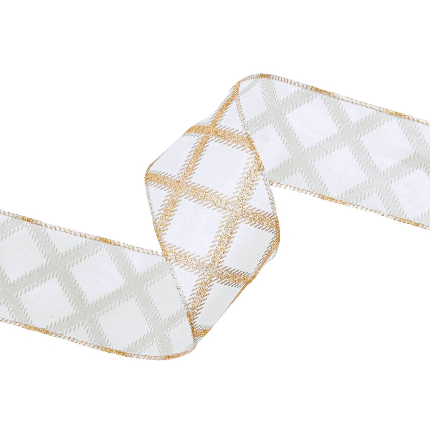 Gold Glitter Diamonds Wired Ribbon on Ivory, 10 Yard Roll