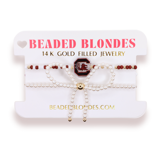 South Carolina Logo Bracelet + Pearl Bow Stack of 2