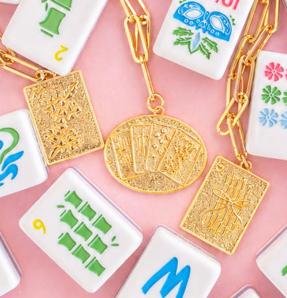 Mahjong Charm Tile Necklace Paper Clip chain  - 18k Gold Plated
