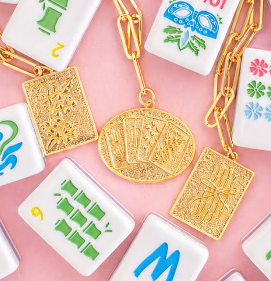 Mahjong Charm Tile Necklace Paper Clip chain  - 18k Gold Plated