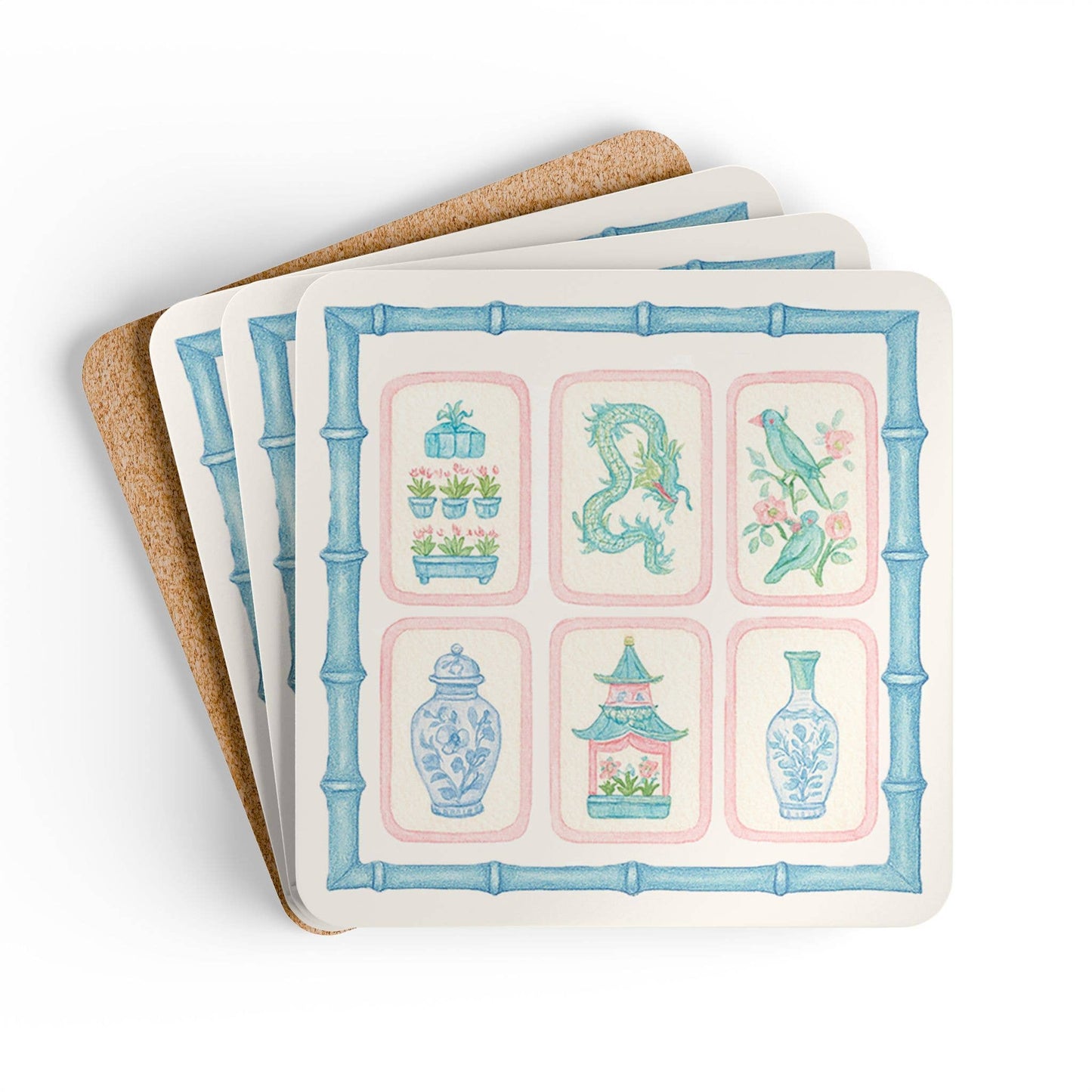 Chinoiserie Pastel Mahjong Corkwood Coasters | Set of 4