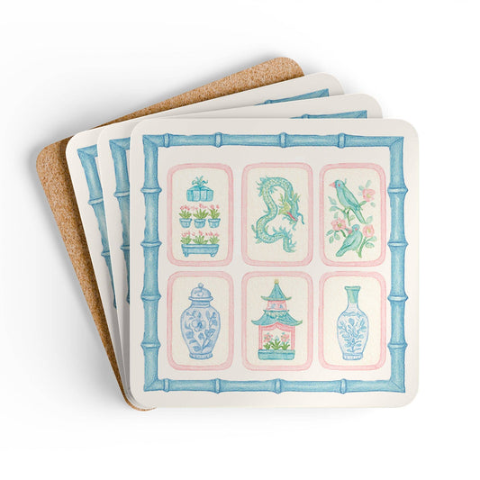 Chinoiserie Pastel Mahjong Corkwood Coasters | Set of 4