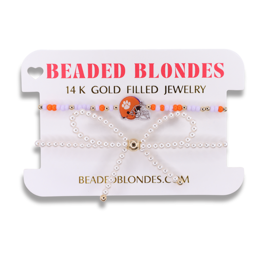 Clemson Helmet Bracelet + Pearl Bow Stack of 2