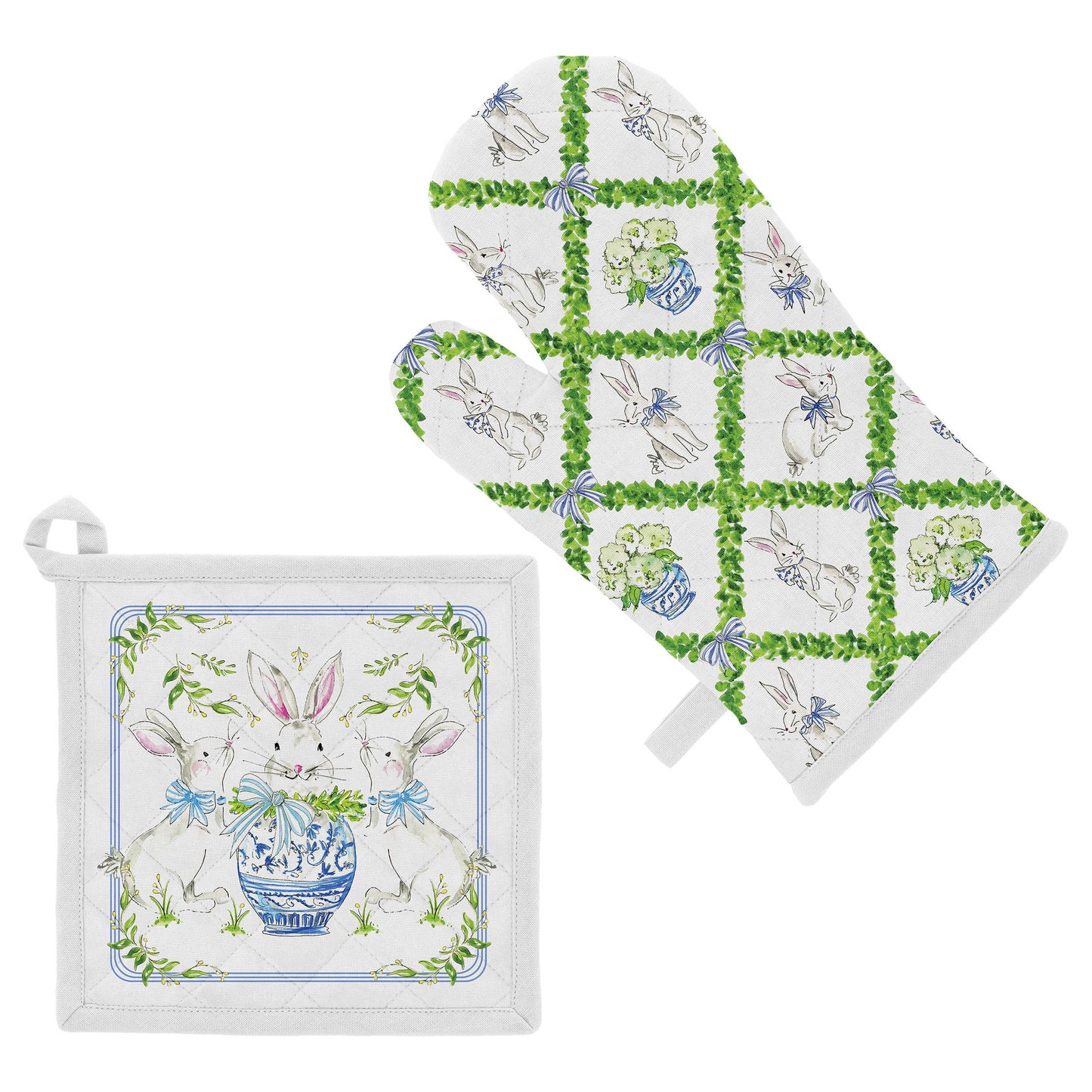 Boxwood Bunny Cotton Oven Mitt & Pot Holder S/2 Rosanne Beck