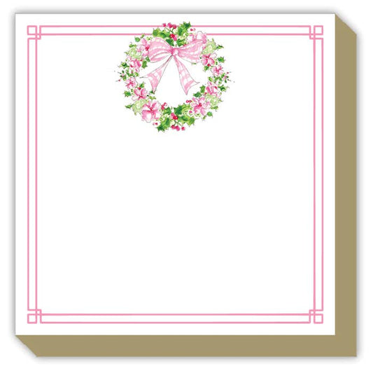 Handpainted Pink Floral Holly Wreath Luxe Notepad