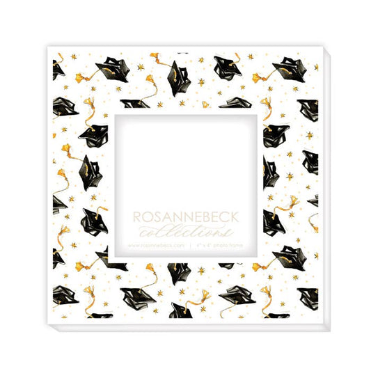 Graduation Caps and Stars Gold and Black Frame 4x4-White