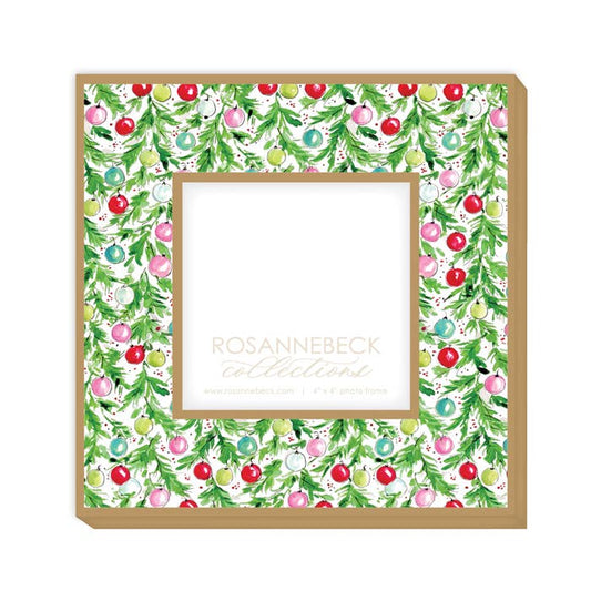 Green Holly and Colorful Ornaments Frame 4x4 Gold