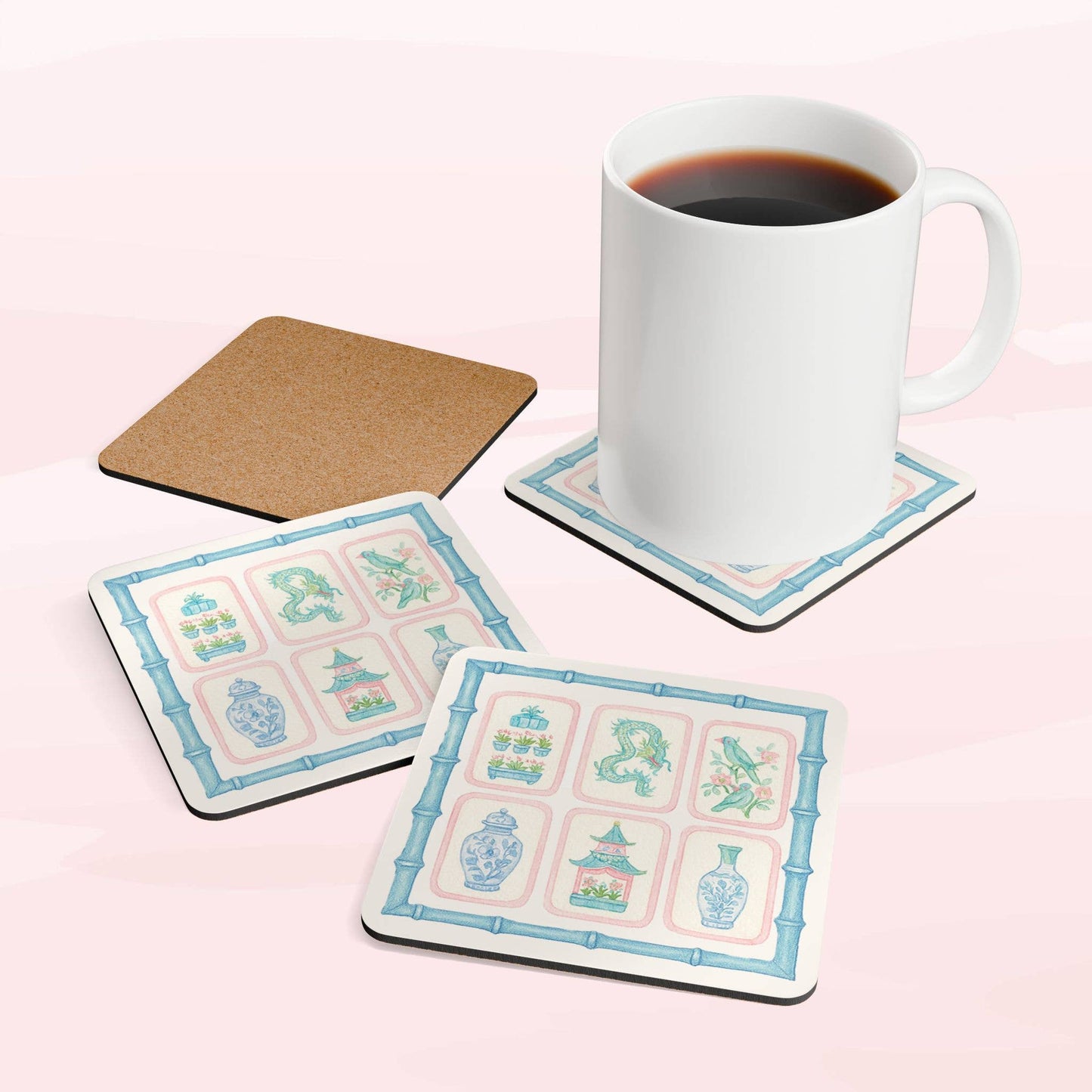 Chinoiserie Pastel Mahjong Corkwood Coasters | Set of 4