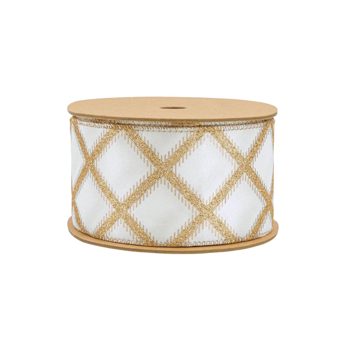 Gold Glitter Diamonds Wired Ribbon on Ivory, 10 Yard Roll