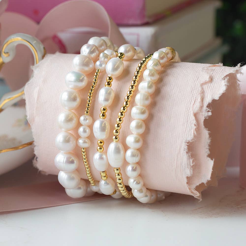 Gilded Gold Beaded Stretch Bracelets, Duo, Pearl