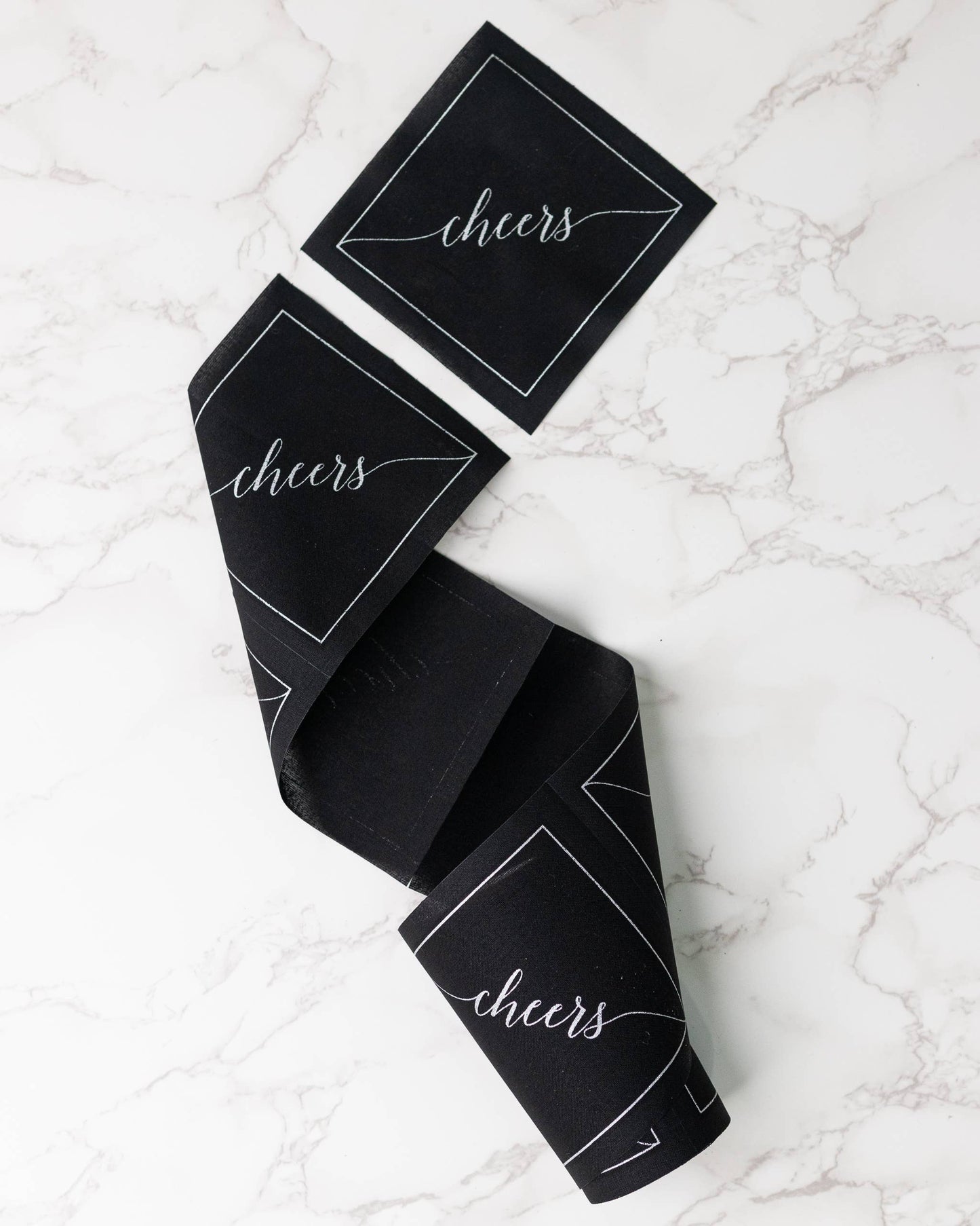 Cotton Cocktail Napkin Roll: Midnight Toast -Silver "Cheers"