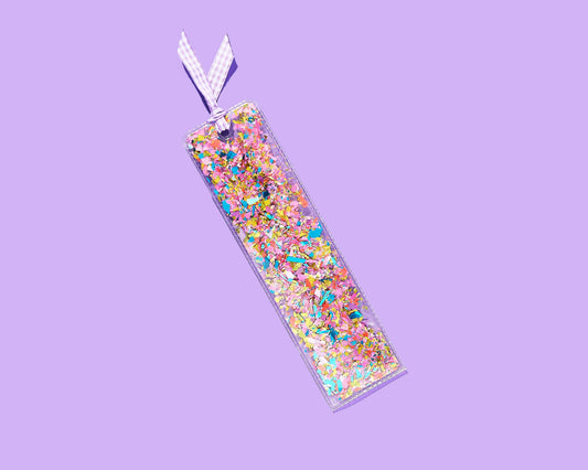 Bookmark - Happy Confetti + Purple Gingham Ribbon