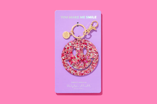 Happy Face Keychain Pink + Silver Confetti