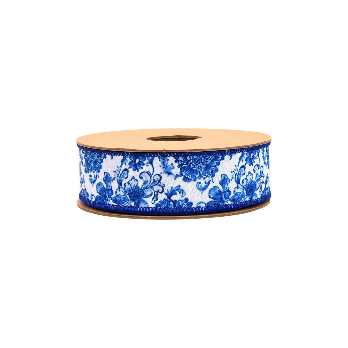 1 1/2" Wired Dupioni Ribbon | Blue and White Floral w/ Blue Backing | 10 Yard Roll
