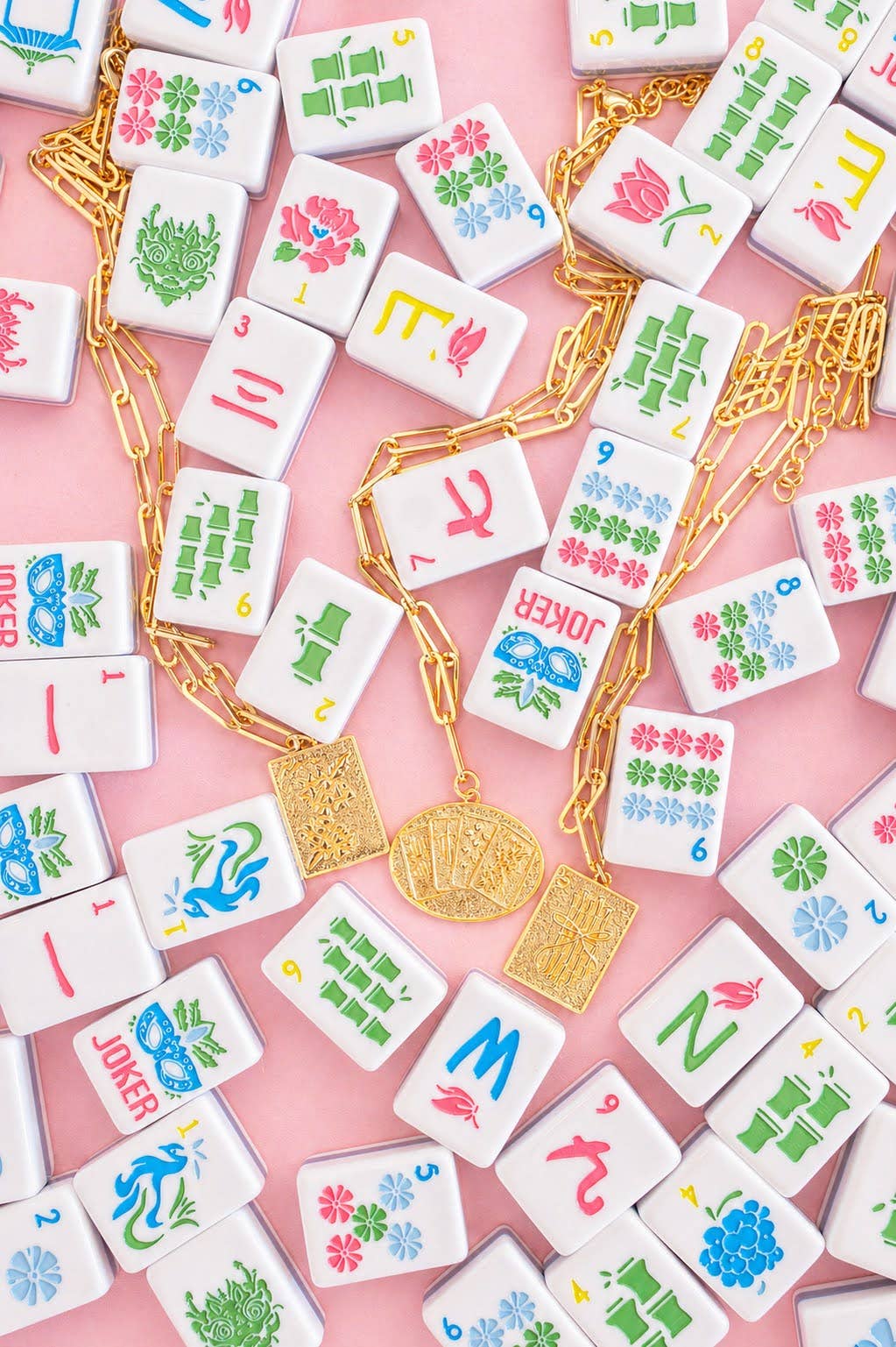 Mahjong Charm Tile Necklace Paper Clip chain  - 18k Gold Plated