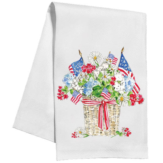 Patriotic Flowers and Flags in Basket Planter Kitchen Towel
