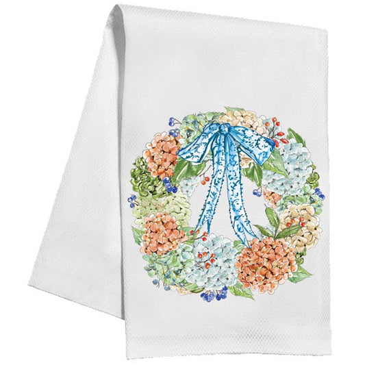 Handpainted Hydrangea Wreath with Blue Bow Kitchen Towel