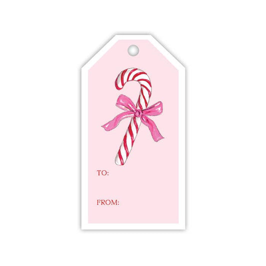 Handpainted Candy Cane with Pink Bow Gift Tag