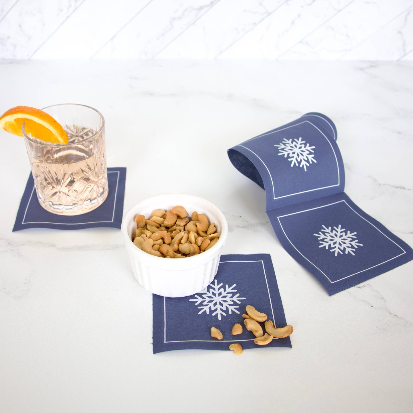 Cotton Cocktail Napkin Roll: Let It Snow (Blue w/ Snowflake)