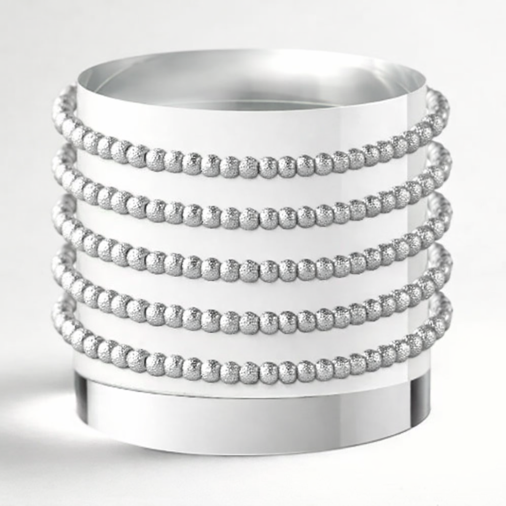 Silver Beaded Bracelets-4mm, Textured, Stretch, Long Wear