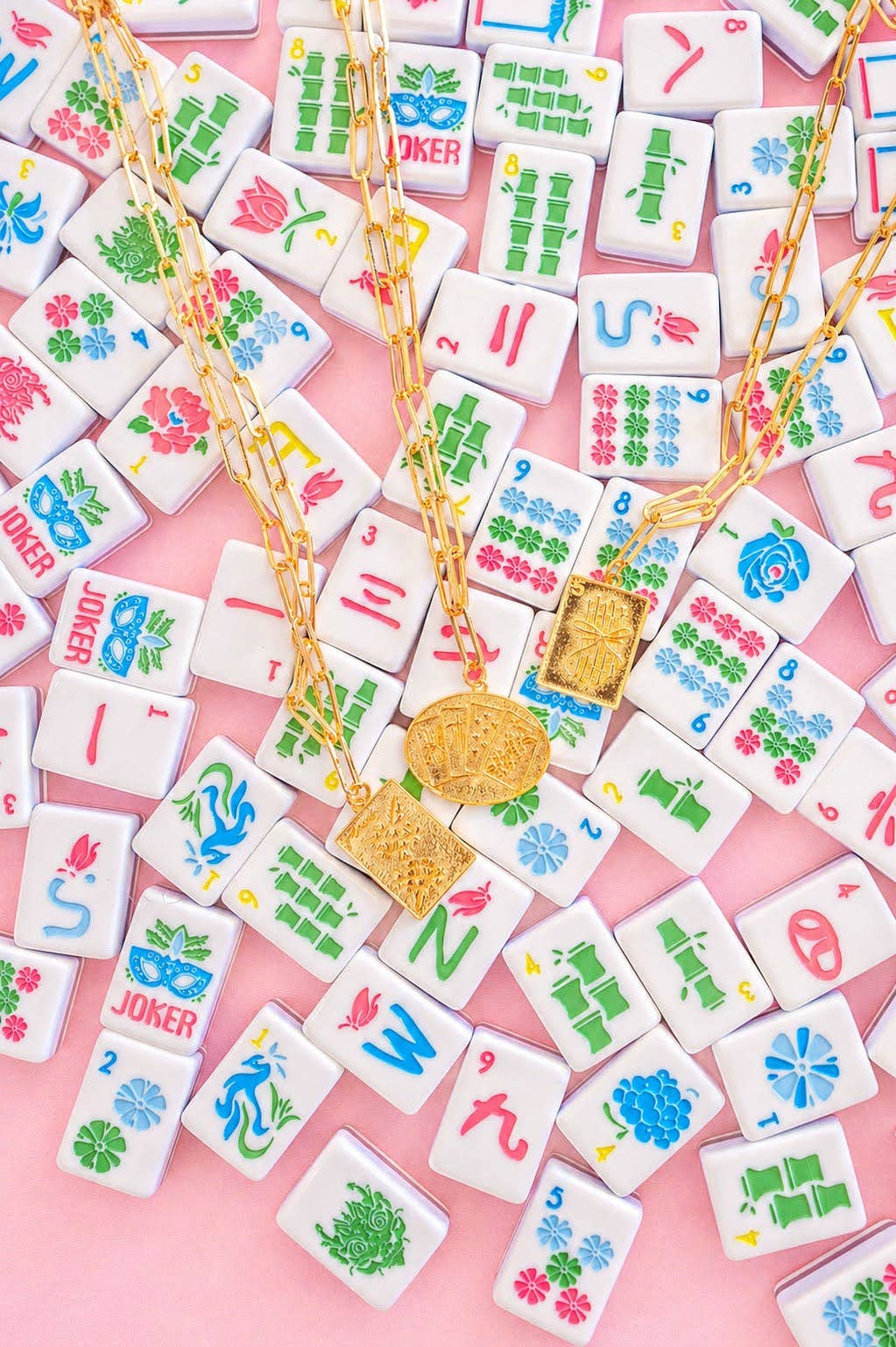 Mahjong Charm Tile Necklace Paper Clip chain  - 18k Gold Plated