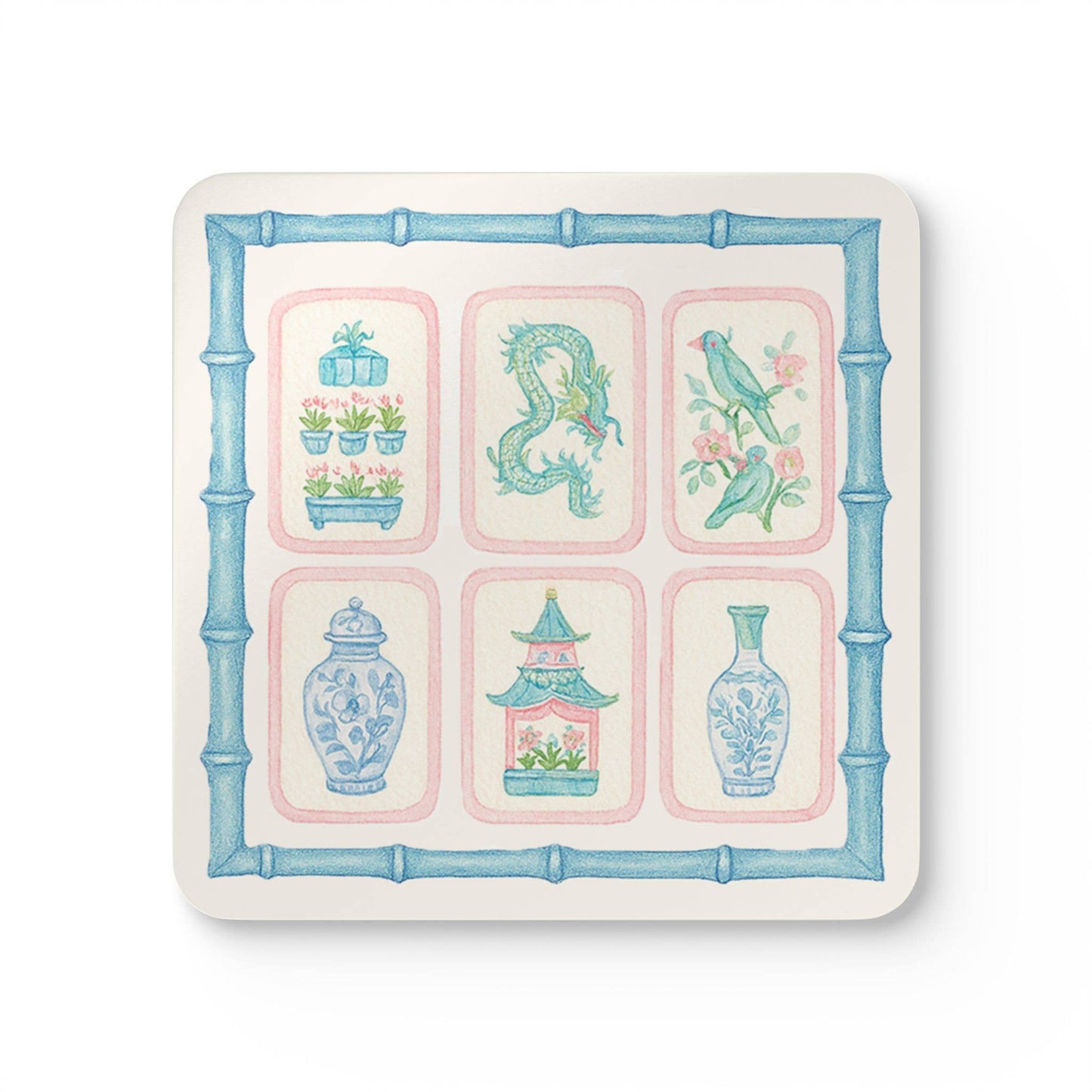 Chinoiserie Pastel Mahjong Corkwood Coasters | Set of 4