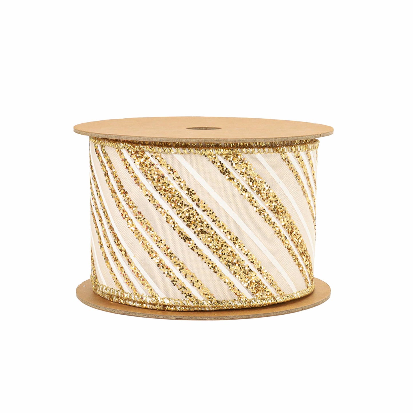 2 1/2" Wired Ribbon | "Glitter Striped" Antique White/Gold | 10 Yard Roll