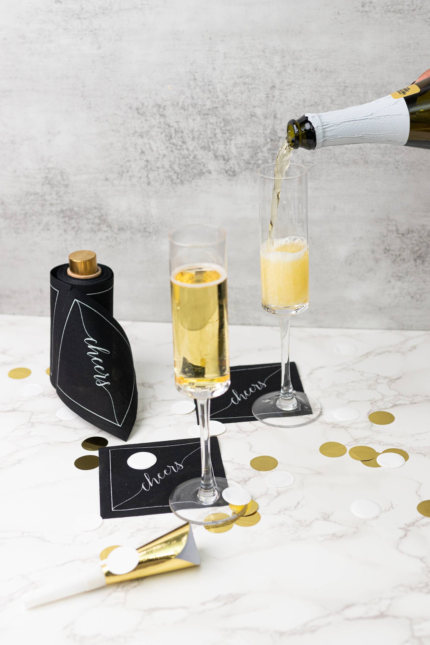 Cotton Cocktail Napkin Roll: Midnight Toast -Silver "Cheers"